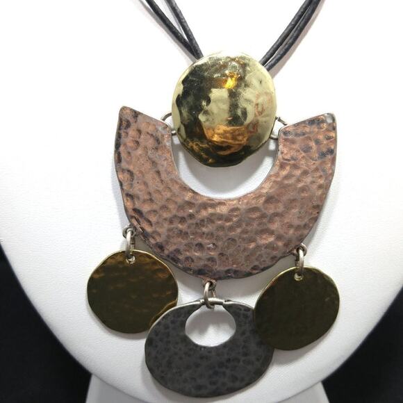 Chico's Long Gold Silver Hammered Pendant Necklace, Black Leather Cords, 35 Inch - Picture 1 of 11